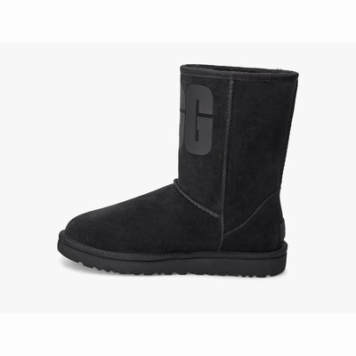 Botas UGG Classic Short Rubber Logo Mulher Pretas | PT-YDSBQ